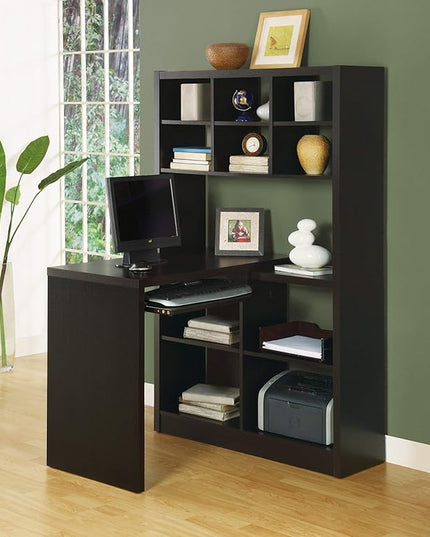 Monarch Specialties I Storage-Bookcase Left Or Right Set Up-Corner Desk with Multiple Adjustable Shelves, 60"L, Cappuccino - LeafyLoom