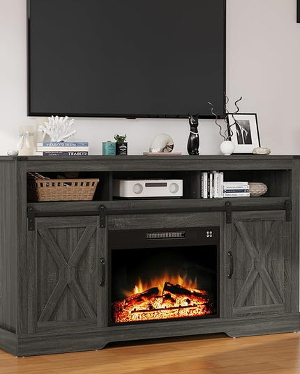 Fireplace TV Stand for 65+ Inch TV, Farmhouse Entertainment Center with 23" Electric Fireplace with Remote, Modern Rustic TV Console with Sliding Bar Door for Living Room,Dark Grey - LeafyLoom