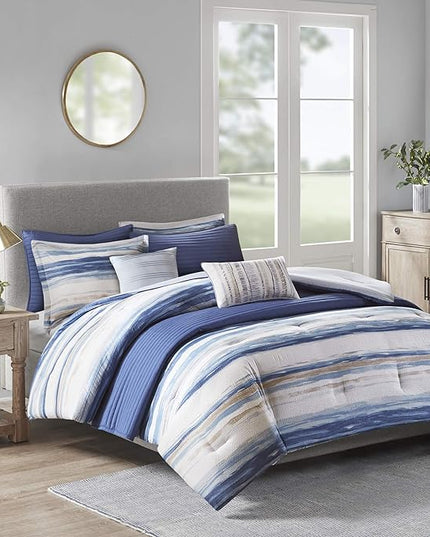 Madison Park Marina Comforter Quilt Combo Set - Modern Luxury Design, All Season Down Alternative Bedding, Matching Shams, Decorative Pillows, Full/Queen(90"x90"), Seersucker Blue 8 Piece - LeafyLoom
