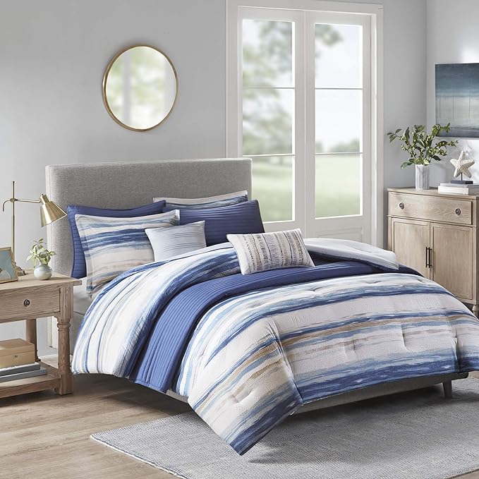 Madison Park Marina Comforter Quilt Combo Set - Modern Luxury Design, All Season Down Alternative Bedding, Matching Shams, Decorative Pillows, Full/Queen(90"x90"), Seersucker Blue 8 Piece - LeafyLoom