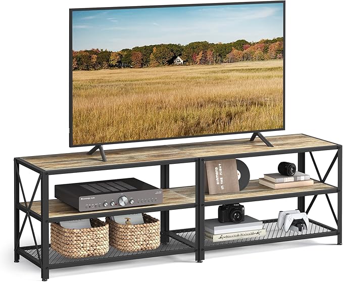 VASAGLE TV Stand, TV Console for TVs Up to 70 Inches, TV Table, 63 Inches Width, TV Cabinet with Storage Shelves, Steel Frame, for Living Room, Bedroom, Turquoise Brown and Black ULTV095B60 - LeafyLoom