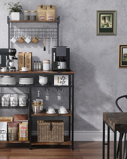 Farmhouse Coffee Bar Cabinet - 31" Sideboard Buffet Cabinet with 8 Hooks and Removable Sliding Storage Basket - Ideal for Kitchen& Dining&Living Room - Rustic Brown - LeafyLoom