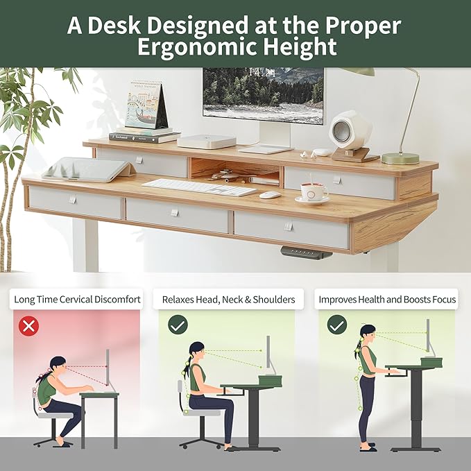 FEZIBO Height Adjustable Electric Standing Desk with 5 Drawers, 55 x 24 Inch Table with Storage Shelf, Sit Stand Desk White Frame/Light Rustic Top, 55 inch - LeafyLoom
