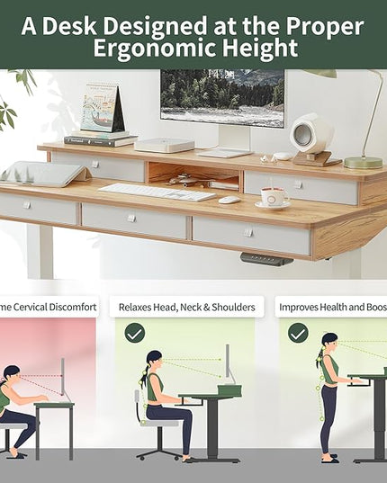 FEZIBO Height Adjustable Electric Standing Desk with 5 Drawers, 48 x 24 Inch Table with Storage Shelf, Sit Stand Desk White Frame/Light Rustic Top, 48 inch - LeafyLoom