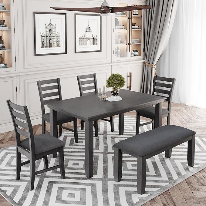 6 Piece Rustic Wood Dining Table Set with 4 Upholstered Chairs and 2-person Bench, A Stable Frame & a Long Lifespan, for Kitchen, Diningroom, Living Room, Dark Grey - LeafyLoom