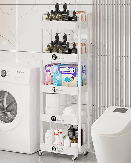 5-Tier Storage Cart,Multifunction Utility Rolling Cart Kitchen Storage Organizer,Mobile Shelving Unit Cart with Lockable Wheels for Bathroom,Laundry,with Classified Stickers,White - LeafyLoom