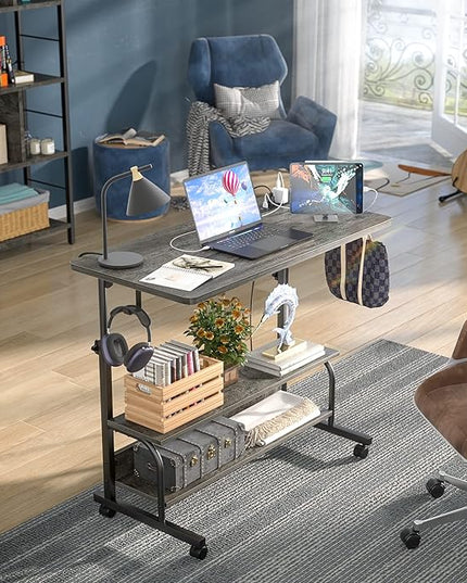 Height Adjustable Standing Desk with Power Outlets, 32" Manual Stand Up Desk with Storage Shelves Small Mobile Rolling Computer Desk Portable Laptop Table with Wheels for Home Office, Grey Oak - LeafyLoom