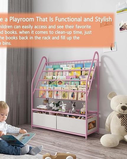 Kids Book Shelf with Storage 32inch, 5 Tier Freestanding Pink Bookshelf, Large Modern Minimalist Book Case With Toy Storage Organizer For Bedroom Study Room Playrooms Children Room KDSJ2305-Pink - LeafyLoom