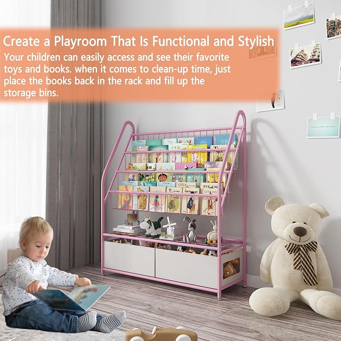 Kids Book Shelf with Storage 32inch, 5 Tier Freestanding Pink Bookshelf, Large Modern Minimalist Book Case With Toy Storage Organizer For Bedroom Study Room Playrooms Children Room KDSJ2305-Pink - LeafyLoom