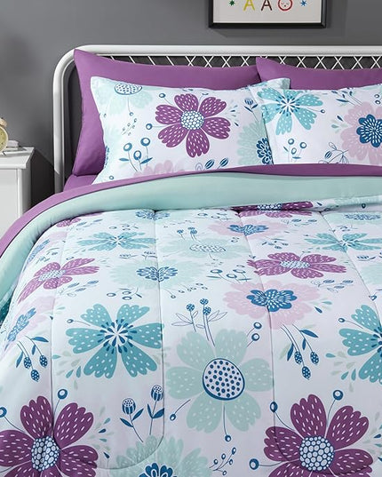 Amazon Basics 7 Piece Microfiber Kid's Bed-in-a-Bag Bedding, Full/Queen, Bluish Flowers, Floral - LeafyLoom