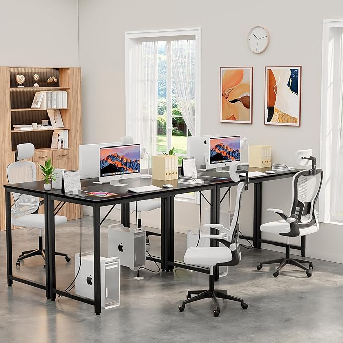 55 Inch Computer Desk with Magic Power Outlets, Modern Office Desk with USB Charging Ports, Sturdy Student Writing Desk, Simple Laptop PC Gaming Table for Bedroom Workstation, Black - LeafyLoom