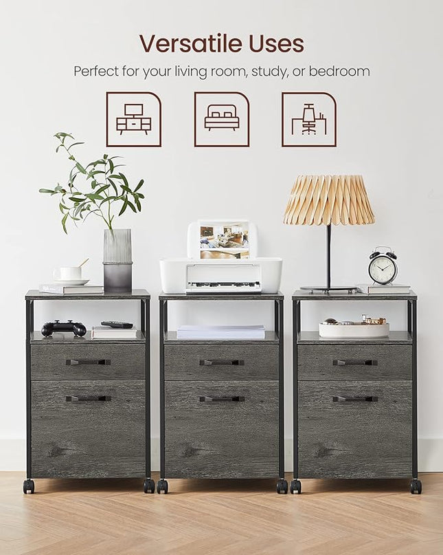VASAGLE File Cabinet, Mobile Filing Cabinet with Wheels, 2 Drawers, Open Shelf, for A4, Letter Size, Hanging File Folders, Charcoal Gray and Black UOFC071B04 - LeafyLoom