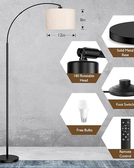 Arc Floor Lamps for Living Room, Modern Remote Control Standing Lamp with Stepless Dimmable, Black Tall Floor Lamp,Over Couch Arched Reading Light for Bedroom, Office(Bulb Included) - LeafyLoom