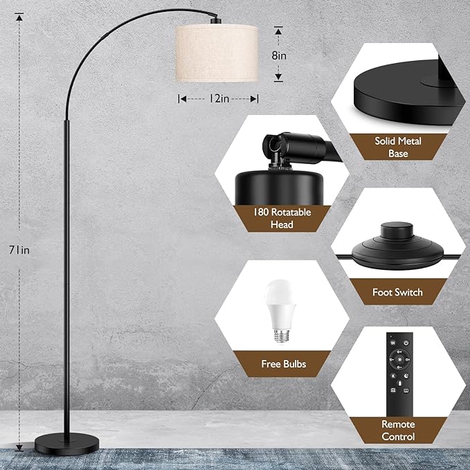 Arc Floor Lamps for Living Room, Modern Remote Control Standing Lamp with Stepless Dimmable, Black Tall Floor Lamp,Over Couch Arched Reading Light for Bedroom, Office(Bulb Included) - LeafyLoom