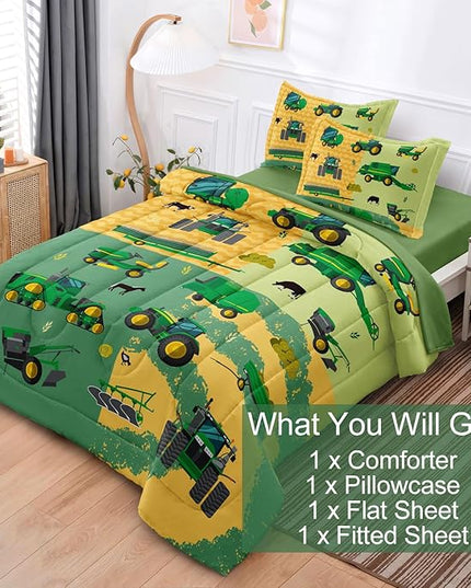 Twin Construction Bedding Set for Boys Kids Farm Tractor Bedding 4 Pieces Cars Twin Comforter Set for Boys, Twin Truck Bed in a Bag Set Boys - LeafyLoom