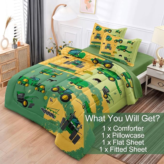 Twin Construction Bedding Set for Boys Kids Farm Tractor Bedding 4 Pieces Cars Twin Comforter Set for Boys, Twin Truck Bed in a Bag Set Boys - LeafyLoom
