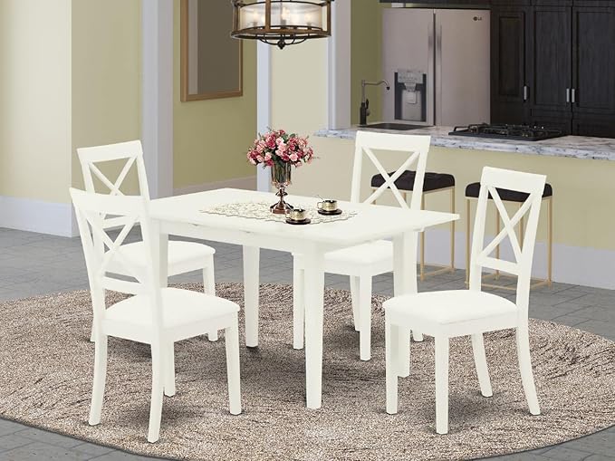 East West Furniture NOBO5-WHI-LC 5 Piece Modern Dining Set Includes a Rectangle Wooden Table with Butterfly Leaf and 4 Faux Leather Upholstered Chairs, 32x54 Inch - LeafyLoom