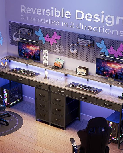 Gaming Desk with 6 Drawers, Computer Desk with LED Lights Power Outlets and Type-C, 47 Inch Office Desk with Storage, Monitor Stand, Writing Desk Work Desk for Home Office, Bedroom, Study, Grey - LeafyLoom
