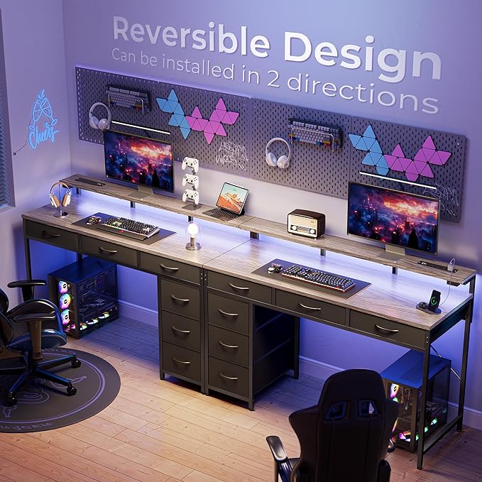 Gaming Desk with 6 Drawers, Computer Desk with LED Lights Power Outlets and Type-C, 47 Inch Office Desk with Storage, Monitor Stand, Writing Desk Work Desk for Home Office, Bedroom, Study, Grey - LeafyLoom