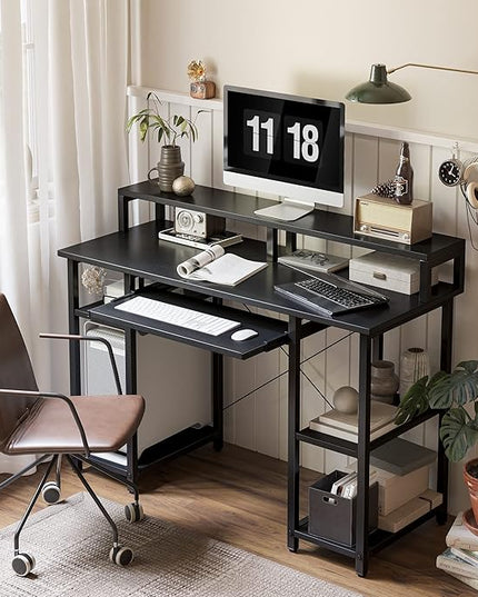 BANTI 47 Inch Computer Desk with Storage Shelves Monitor Stand Keyboard Tray, Home Office Desk, Study Writing Table, Black - LeafyLoom