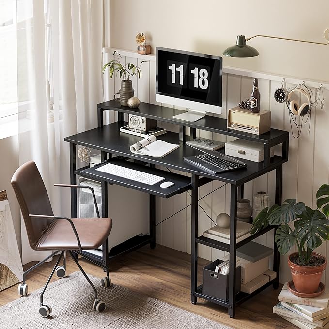 BANTI 47 Inch Computer Desk with Storage Shelves Monitor Stand Keyboard Tray, Home Office Desk, Study Writing Table, Black - LeafyLoom