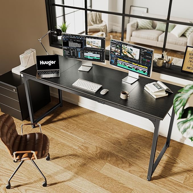Computer Desk, 63 Inch Office Desk, Gaming Desk with Storage, Writing Desk Work Desk for Home Office, Study, Modern Simple Desk, Large Legroom, Metal Frame, Black - LeafyLoom