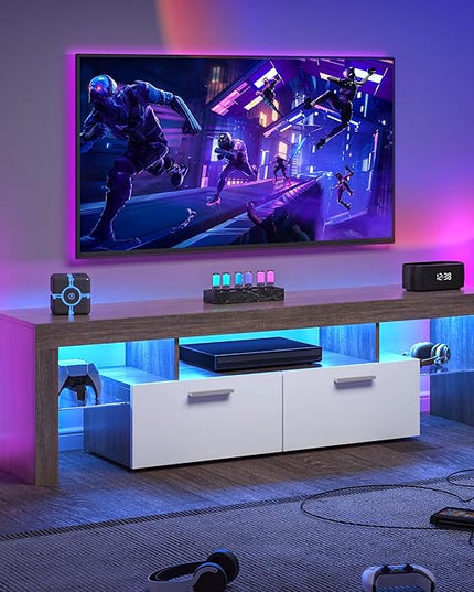 Clikuutory Modern LED TV Stand with Large Storage Drawer for up to 75 Inch TVs, Brown and White Doors, Wood Farmhouse TV Console with Glossy Entertainment Center for Living Room, Bedroom - LeafyLoom