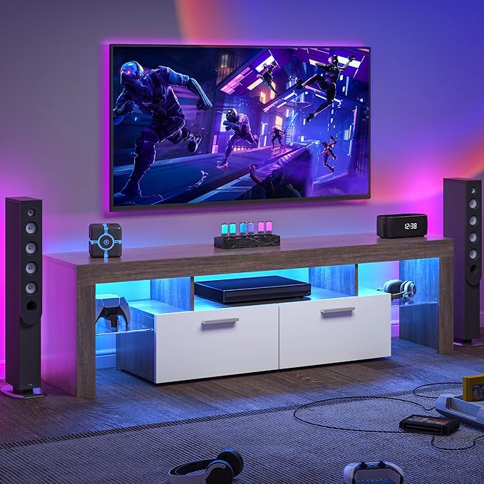 Clikuutory Modern LED TV Stand with Large Storage Drawer for up to 75 Inch TVs, Brown and White Doors, Wood Farmhouse TV Console with Glossy Entertainment Center for Living Room, Bedroom - LeafyLoom