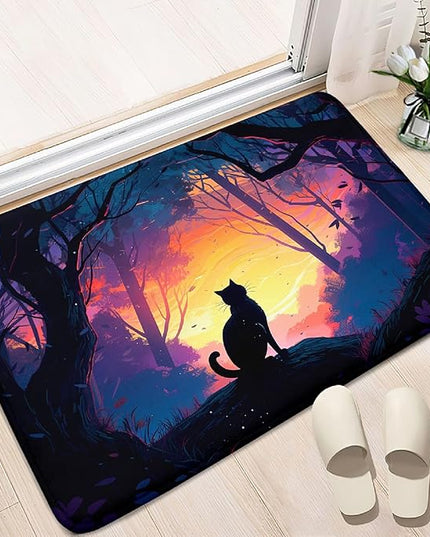 Magic Black Cat Rug - Moon Cat Rug for Girls Room Forestscape Cat Area Rug Black Cat Door Mat Colorful Rug with Black Cat Pattern, 2x3 Feet - LeafyLoom