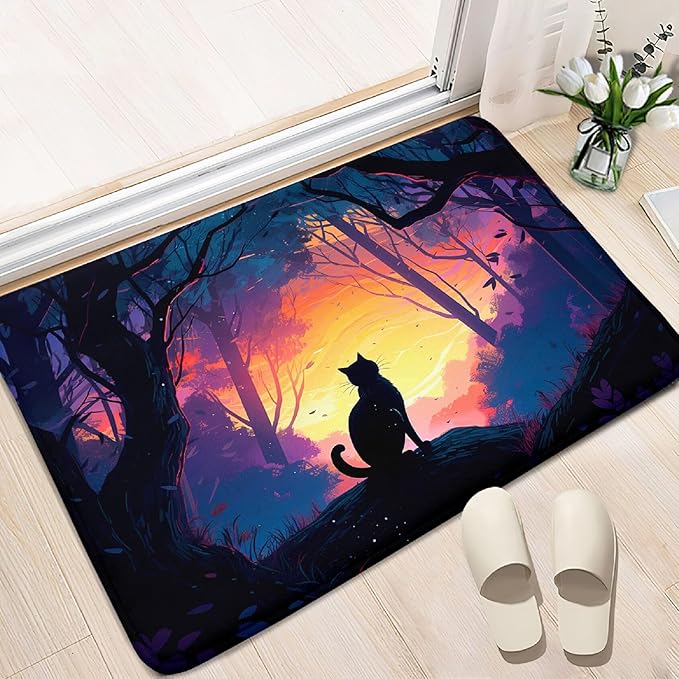 Magic Black Cat Rug - Moon Cat Rug for Girls Room Forestscape Cat Area Rug Black Cat Door Mat Colorful Rug with Black Cat Pattern, 2x3 Feet - LeafyLoom