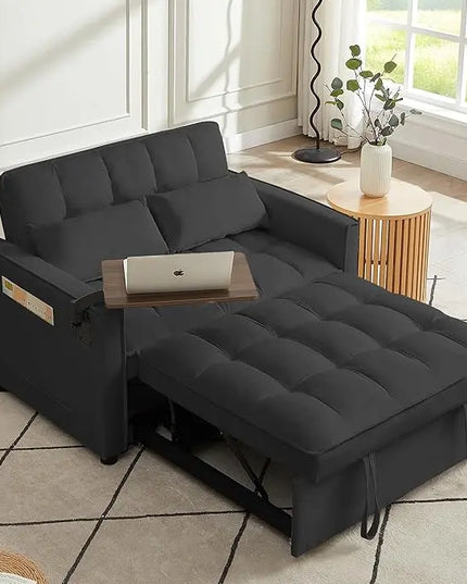 Folding Futon Loveseat Pull Out Couch Bed , 3 in 1 Multi-Functional Convertible Sleeper Sofa Pullout Bed, Tufted Chaise Lounge with Adjustable Backrest and Hidden Side Table for Living Room Office - LeafyLoom