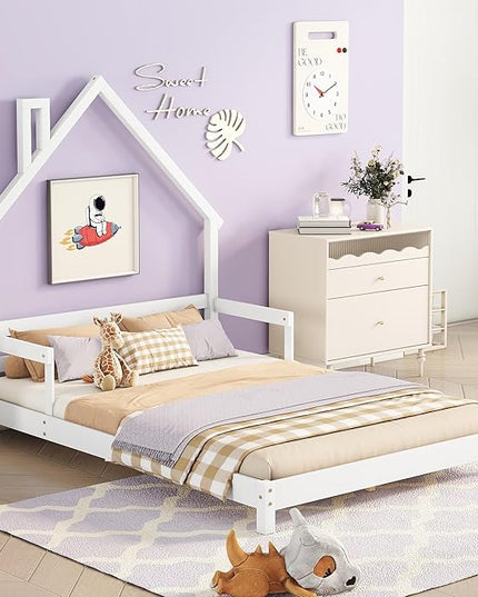 Full Size Bed Frame for Kids,House-Shaped Headboard Kids Bed,Girls Bed with Handrails,Low Platform Bed for Boys Girls,No Box Spring Needed(White) - LeafyLoom