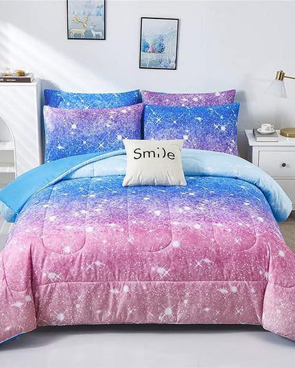 Rainbow Glitter Comforter Set Twin Size for Girls, Sparkle Galaxy Twinkle Starlight Comforter for Kids,2 Piece Aqua Blue Purple Pink Ombre Pastel Bedding Set with 1 Pillow Case(Rainbow,Twin) - LeafyLoom