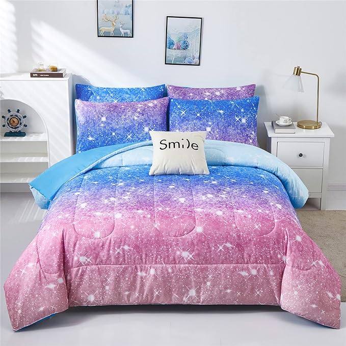 Rainbow Glitter Comforter Set Twin Size for Girls, Sparkle Galaxy Twinkle Starlight Comforter for Kids,2 Piece Aqua Blue Purple Pink Ombre Pastel Bedding Set with 1 Pillow Case(Rainbow,Twin) - LeafyLoom