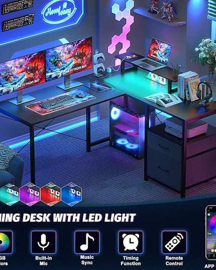 Homieasy L Shaped Computer Desk with Storage File Drawer, Reversible Home Office Desk with Recessed Power Strip and Led Strip, Corner Gaming Desk Work Study Table with Monitor Stand, Black - LeafyLoom