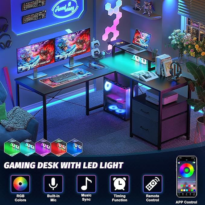 Homieasy L Shaped Computer Desk with Storage File Drawer, Reversible Home Office Desk with Recessed Power Strip and Led Strip, Corner Gaming Desk Work Study Table with Monitor Stand, Black - LeafyLoom