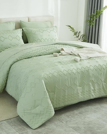 EMME Queen Comforter Set - 7 Pcs Sage Green Boho Bedding Sets, Full Size Tufted Comforter with Sheets, Shabby Chic Embroidery Queen Bed Set Fluffy Bed Bag for All Season(90"X90") - LeafyLoom