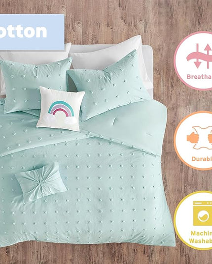 Callie Cotton Jacquard Weave Colorful Pom Pom Kids Comforter sets, Down Alternative Shabby Chic All Season Girls Bedding, Bedroom Decor, Twin/Twin XL, Aqua 4 Piece - LeafyLoom