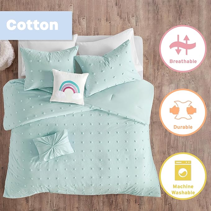 Callie Cotton Jacquard Weave Colorful Pom Pom Kids Comforter sets, Down Alternative Shabby Chic All Season Girls Bedding, Bedroom Decor, Twin/Twin XL, Aqua 4 Piece - LeafyLoom