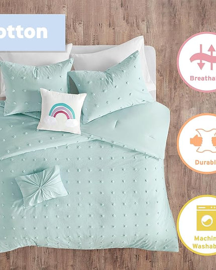 Callie Cotton Jacquard Weave Colorful Pom Pom Kids Comforter sets, Down Alternative Shabby Chic All Season Girls Bedding, Bedroom Decor, Full/Queen,Aqua 5 Piece - LeafyLoom