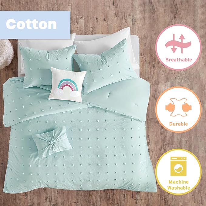 Callie Cotton Jacquard Weave Colorful Pom Pom Kids Comforter sets, Down Alternative Shabby Chic All Season Girls Bedding, Bedroom Decor, Full/Queen,Aqua 5 Piece - LeafyLoom