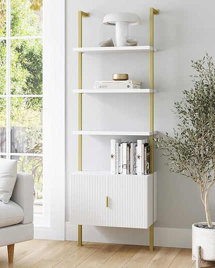 Nathan James Theo Mid-Century Modern Bookcase with Cabinet Fluted Texture, White Open Shelves and Brass Metal Frame Living Room, Home Office Storage - LeafyLoom
