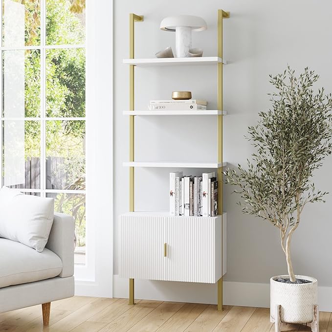 Nathan James Theo Mid-Century Modern Bookcase with Cabinet Fluted Texture, White Open Shelves and Brass Metal Frame Living Room, Home Office Storage - LeafyLoom