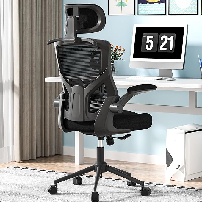 Ergonomic Office Chair, High Back Mesh Desk Chair with Thick Molded Foam Cushion, Coat Hanger, Adjustable Headrest, Lumbar Support, Tilt & Lock Function - Task Chair (All Black) - LeafyLoom