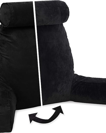 Husband Pillow XXL Cover Aspen Edition Sable Black, Reversible Microfiber to Microsuede, Side & Back Pockets - Handle for Easy Transport - Super Cozy Bed Rest Pillow Cover with Arms - Easy Care - LeafyLoom
