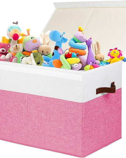 Large Toy Storage Box with Lid, Sturdy Toys Storage Chest Bin Organizer Basket with Dividers for Kids, Boys, Girls, Nursery, Closet, Bedroom, Playroom 25"x13" x16" (Pink and White) - LeafyLoom