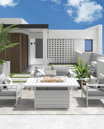 Solaste Aluminum Patio Furniture Set with Fire Pit Table, 4 Piece Metal Outdoor Furniture with Water-Resistant Cushions, Modern Patio Conversation Set for Balcony, Front Porch, and Backyard, White - LeafyLoom