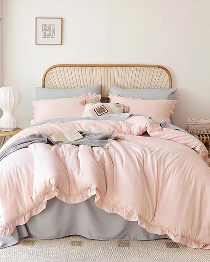 JANZAA Pink Comforter Set Queen Comforter Set 3PCS (1 Ruffled Blush Comforter and 2 Pillowcases) Vintage Shabby Chic Bedding Soft Fluffy Comforter Set All Season - LeafyLoom