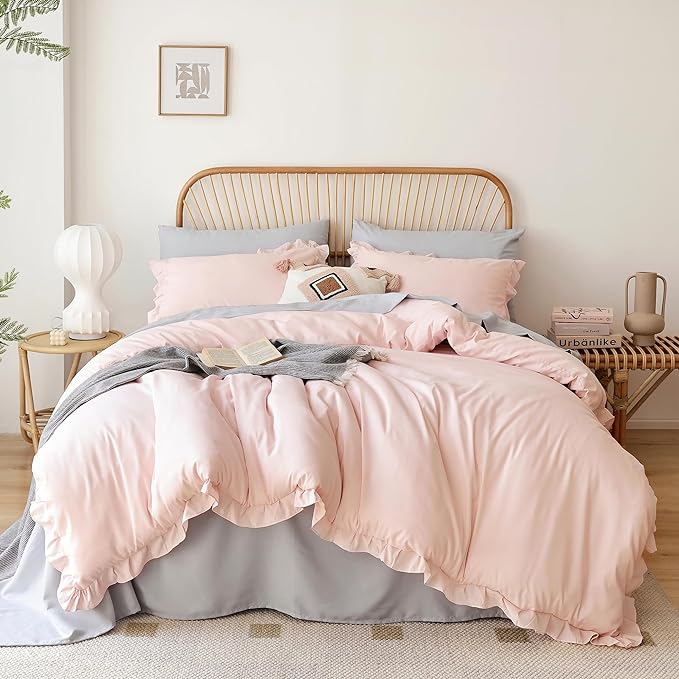 JANZAA Pink Comforter Set Queen Comforter Set 3PCS (1 Ruffled Blush Comforter and 2 Pillowcases) Vintage Shabby Chic Bedding Soft Fluffy Comforter Set All Season - LeafyLoom