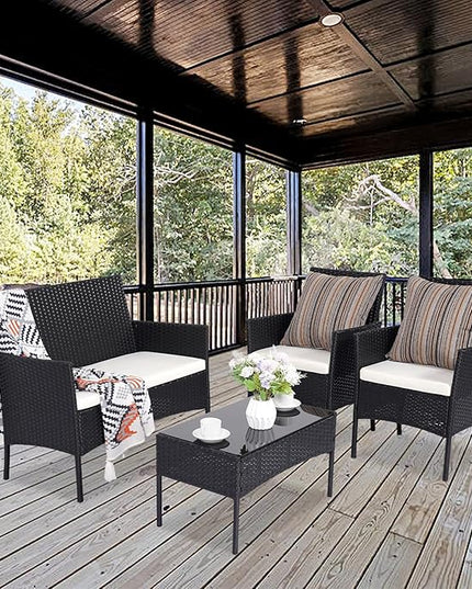 Patio Furniture Set,4 Piece Garden Conversation Set, Outdoor Wicker Rattan Table and Chairs, Black Patio Set, Sectional Sofa with Thick Cushion for Garden, Yard, or Porch (Black/Beige) - LeafyLoom